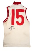 Bernie Evans' c. 1984 short-sleeved South Melbourne Swans VFL guernsey, VFL logo and Tooheys branding on front, number 15 on back; Evans signature present on both front and back. - 2