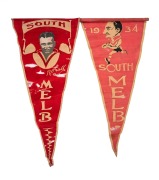 1930s SWANS PENNANTS: Two pennants featuring Bob Pratt, one with text "South Melb - R. Pratt", the other with text "1934 South Melb."; condition issues with both, the larger approx. 43cm long. (2 items)