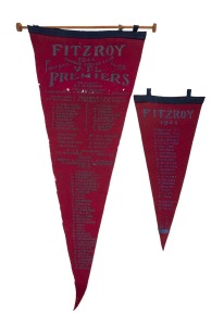 FITZROY 1944 PREMIERSHIP: Two souvenir felt pennants, the larger 76cm long, with the names of the players, staff, VFL delegates, solicitor, timekeeper, dentist, physician, trainers, and administrators. Extremely scarce - the only other example known to us is held in the Australian Sports Museum at the MCG. (2 items).