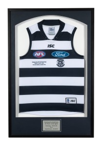 GEELONG: Attractively framed and glazed Geelong guernsey, created for the match between Geelong and Gold Coast on June 1st 2013, the first game under light since the opening of the Simonds Stadium; 101 x 67cm overall.