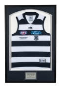 GEELONG: Attractively framed and glazed Geelong guernsey, created for the match between Geelong and Gold Coast on June 1st 2013, the first game under light since the opening of the Simonds Stadium; 101 x 67cm overall.