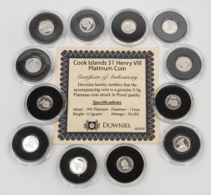 Cook Islands: PLATINUM PROOFS - HENRY VIII: Group of twelve Cook Islands 2008 "History Of The Royal Family" $1 coins, each 0.5g, all in coin capsules, with one CoA.