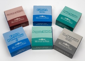 FRANCE: SILVER PROOFS - MONNAIE DE PARIS: Group of six coins, all in presentation cases with CoA and box, comprising 2009 Gustave Eiffel 10‚¬, 2009 Europa 10‚¬, 2009 Auguste Renoir 5‚¬, 2010 Pablo Picasso 10‚¬, 2010 Centre Pompidou 10‚¬, and 2010 La Semeuse 10‚¬.