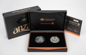 ANZAC CENTENARY: 2015 RAM/New Zealand Post joint issue two-coin proof set, comprising triangular 22.23g silver Australian $5 coin together with 1oz silver New Zealand 50c piece; offered in presentation case with box and CoA.