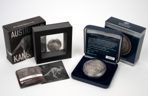 ANTIQUED SILVER: Two RAM issues, both in presentation case with box and CoA, comprising 2006 $1 1758 Pillar Dollar and 2016 2oz Australian Kangaroo. (2).