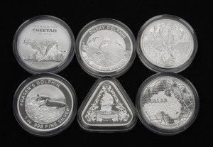 Group of six RAM one dollar 1oz silver coins, all in coin capsules, comprising 2020 Beneath The Southern Skies, 2021 Zeewijk Shipwreck, 2021 Australia Zoo Cheetah, 2021 Fraser's Dolphin, 2022 Dusky Dolphin, and 2022 Australian Coat of Arms - NSW. (6).