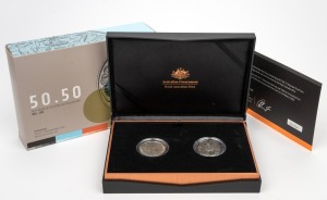 FIFTY YEARS OF THE ROYAL AUSTRALIAN MINT: Two-coin set comprising 2015 50c "C" Mintmark proof, together with ultrasonically cleaned 1966 round 50c coin; offered in presentation case with box and CoA.