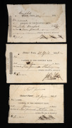 VAN DIEMEN'S LAND: DERWENT BANK CHEQUES: A group of three printed cashier's cheques completed in manuscript: June 1837 at Campbell Town for &pound;7 payable to John Bumford; January 1838 at Forest Green for &pound;3 payable to Nurmay (?); and April 1838 at Hobart Tow