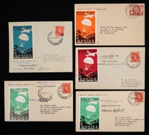 Aerophilately & Flight Covers: MORNINGTON ISLAND CHRISTMAS AIRMAIL COVERS carried by QANTAS: 1941 (AAMC.936) from Brisbane; 1942 (AAMC.950) from Sydney; 1943 (AAMC.970 & 971) from Brisbane and Sydney; and 1946 (AAMC.1089) from Sydney; all with special vig
