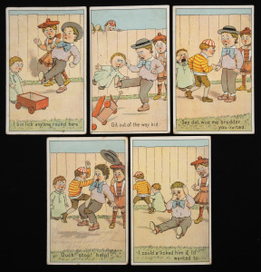 POSTCARDS: ARTIST UNKNOWN: "The Bully" 5 of 6 cards from the swaggering "I kin lick anyone round here" to the battered & tearful "I could a licked him if I'd wanted to", one used from South Fremantle. (5).