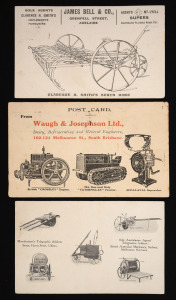POSTCARDS: EQUIPMENT ADVERTISEMENTS: 1910 usage of a card for James Bell & Co (Adelaide) advertising "Clarence H. Smith's Scrub Rake"; 1920 usage of a card for W.N. Stone (Sydney) advertising "Municipal Appliances" (Road Sweeper, Water Cart, Road Roller, etc.,); and, 1928 usage of a card for Waugh & Josephson Ltd (Brisbane) advertising Dairy, Refrigeration and general engineering equipment. (3 items).