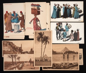 POSTCARDS: EGYPT: Group of sixteen very scarce early cards featuring illustrations of typical street vendors, also some photo cards of Giza and Cairo in unusual 7 x 15cm format. (16 items)