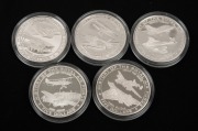 NAURU: SILVER PROOFS - HISTORY OF THE ROYAL AIR FORCE: Set of five 2008 $5 coins, each 28.28g sterling silver, all in coin capsules, comprising Sopwith Camel, Panavia Tornado, Handley Page Halifax, De Havilland Tiger Moth, and Airbus Military A400M. (5).