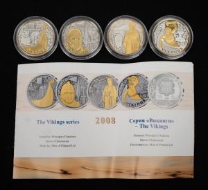 ANDORRA - GILDED PROOFS: Set of four 2008 "Viking Series" 10 Diner coins, each 33g sterling silver, all in coin capsules, comprising "Seafaring", "The equipment of the warriors", "Home life - clothing and jewellery", and "The Worship of Thor"; CoA present. (4).