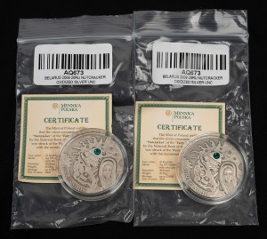 BELARUS - THE NUTCRACKER: Two 2009 "Fairy Tales" 20 ruble coins, each 28.28g sterling silver, antiqued finish with blue zircon accent, both in coin capsules with CoA. (2).
