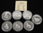 Congo (Brazzaville): SILVER PROOFS - POPE BENEDICT XVI IN COLOGNE: Group of seven Democratic Republic of the Congo 2005 10 Congolese franc coins, each 25g 925/1000 silver with gilded cross accent, all in coin capsules, with one CoA. - 2