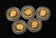 DISCOVER AUSTRALIA: Perth Mint 2011 complete set of five 1/25oz gold proofs, comprising Dingo, Emu, Great White Shark, Kookaburra, and Tasmanian Devil, all in coin capsules. - 2