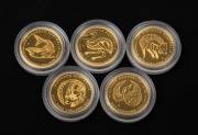DISCOVER AUSTRALIA: Perth Mint 2011 complete set of five 1/25oz gold proofs, comprising Dingo, Emu, Great White Shark, Kookaburra, and Tasmanian Devil, all in coin capsules.