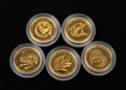 DISCOVER AUSTRALIA: Perth Mint 2011 complete set of five $5 1/25oz gold proofs, comprising Dingo, Emu, Great White Shark, Kookaburra, and Tasmanian Devil, all in coin capsules.