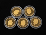 DISCOVER AUSTRALIA: Perth Mint 2011 complete set of five $5 1/25oz gold proofs, comprising Dingo, Emu, Great White Shark, Kookaburra, and Tasmanian Devil, all in coin capsules. - 2