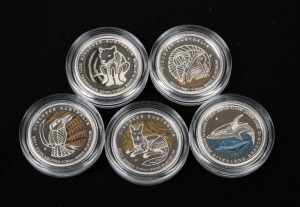 DISCOVER AUSTRALIA - PLATINUM: Perth Mint 2011 complete set of five $15 1/10oz coloured platinum proofs, comprising Dingo, Emu, Great White Shark, Kookaburra, and Tasmanian Devil, all in coin capsules.
