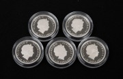 DISCOVER AUSTRALIA - PLATINUM: Perth Mint 2011 complete set of five $15 1/10oz coloured platinum proofs, comprising Dingo, Emu, Great White Shark, Kookaburra, and Tasmanian Devil, all in coin capsules. - 2