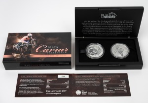 BLACK CAVIAR: 2013 RAM/The Royal Mint joint-issue two-coin silver proof set, comprising 1oz silver Australian $1 and 1oz silver Cook Islands $1; offered in timber presentation case with box and CoA.