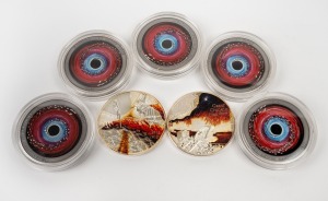 NUIE: TWO DOLLARS - SILVER: Group of seven Niuean 1oz coloured silver coins, comprising 2017 Supermassive Black Hole (x5, all in coin capsules), 2018 Great Fire Of Rome 64AD, and 2018 Great Chicago Fire 1871AD.