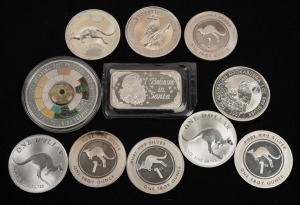 SILVER KANGAROOS/KOOKABURRAS: Group of five Perth Mint $1 1oz coins (mostly 1990s), together with four c. 2010s Melbourne Mint silver rounds, and two other items; all silver. (11)