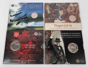 GREAT BRITAIN: Group of four 2015 uncirculated coins in original packaging, comprising "50th Anniversary Of The Death Of Sir Winston Churchill", "The Magna Carta - 800th Anniversary", "Salvation Army - 150th Anniversary", and "The Battle of Britain - 75th Anniversary".