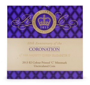 QUEEN ELIZABETH II - CORONATION 60th ANNIVERSARY: RAM 2013 coloured uncirculated $2, 'C' mint mark, in tri-fold card.