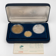 SYDNEY 2000 PARALYMPIC GAMES: PM/RAM joint-issue commemorative three-coin set, limited edition #1540/2000, comprising $100 10g gold, $5 31.6g silver, and $5 20g uncirculated bronze; offered in presentation case with CoA.