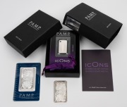 PAMP SUISSE: Group of three silver bars, comprising 1oz Lady Fortuna bar, 1oz Lady Fortuna bar in assay packaging, and 10g "Symbols Of Style In Precious Metal" ingot pendant in assay packaging and box.