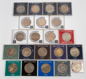 NEW ZEALAND: ONE DOLLAR: Group of eighteen New Zealand 1967-83 coins, all in matching cases, noted 1967 Decimal Currency, 1977 Waitangi Day, and 1983 50th Anniversary Coinage, together with three others. (21 items)