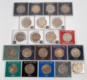 NEW ZEALAND: ONE DOLLAR: Group of eighteen New Zealand 1967-83 coins, all in matching cases, noted 1967 Decimal Currency, 1977 Waitangi Day, and 1983 50th Anniversary Coinage, together with three others. (21 items)