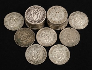 One Shilling: A duplicated range of shillings, comprising 1944 (1), 1950 (1), 1952 (2), 1953 (2), 1954 (3), 1955 (2), 1956 (2), 1958 (2), 1959 (3), 1960 (5), 1961 (3), and 1963 (1); mostly G/F. (27 items)