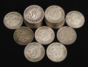 One Shilling: A duplicated range of shillings, comprising 1944 (1), 1950 (1), 1952 (2), 1953 (2), 1954 (3), 1955 (2), 1956 (2), 1958 (2), 1959 (3), 1960 (5), 1961 (3), and 1963 (1); mostly G/F. (27 items)