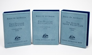 Birds of Australia: $10 silver Proof coins in folders of issue: 1990 Cockatoo (2), and 1991 Jabiru (1). Total: 3.