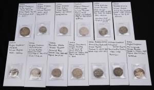 INDIA: PRINCELY STATES: A collection of silver rupees from Assam Gaurinatha Simha, Baroda State, Bengal Presidency, Mughal Farrukhsiyar, Mughal Aurangzeb, Mughal Akbar, Mughal Jahangir, Mughal Jahan and Sikh Sher Singh. Mainly VF-EF. (13)