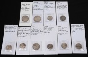 INDIA: PRINCELY STATES: A collection of silver rupees from Maratha Bhonsles of Nagpur, Mughal Shah Jahan, Bengal Shah Alam II, Mughal Mohammad Shah, Mughal Aurangzeb, (8 different) plus two silver temple tokens, circa 1920s. (10 items). Mainly VF-EF.