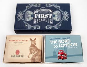 SILVER PROOF STAMP COINS: Group of three Perth Mint/Australia Post joint issues, all in presentation cases with box and CoA, comprising 2012 "The Road to London", 2013 "Kangaroo And Map", and 2013 "100th Anniversary of Australia's First Banknote".