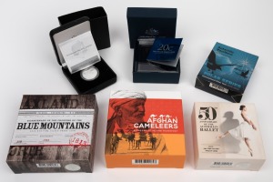 RAM SILVER PROOFS: Group of six coins, all in presentation cases, comprising 2008 $5 Antarctic Territory, 2012 50c 50th Anniversary Australian Ballet, 2013 20c, 2013 $10 Blue Mountains, 2014 $1 Australian Decimal Currency Effigies, and 2020 50c Afghan Cameleers. (6).