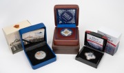 NEW ZEALAND: 1oz SILVER PROOFS: Group of three coins, all in presentation case with box and CoA, comprising 2014 HMS Achilles New Zealand $1 1oz (coloured), 2017 House Of Windsor 100th Anniversary Tokelauan $1 1oz (selectively gold-plated), and 2018 Queen