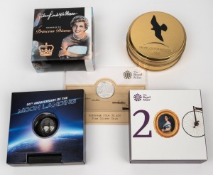 VARIOUS COUNTRIES: Group of five silver coins in original packaging, comprising 2014 Royal Mint First World War £20, 2015 Mongolian Nature 500 togrog, 2019 Barbados Moon Landing 50th Anniversary $5, 2019 Royal Mint "Reign, Innovation and Change" £5, and 2019 Samoa Princess Diana $5. (5 items).