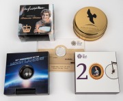 VARIOUS COUNTRIES: Group of five silver coins in original packaging, comprising 2014 Royal Mint First World War &pound;20, 2015 Mongolian Nature 500 togrog, 2019 Barbados Moon Landing 50th Anniversary $5, 2019 Royal Mint "Reign, Innovation and Change" &pound;5, and 2