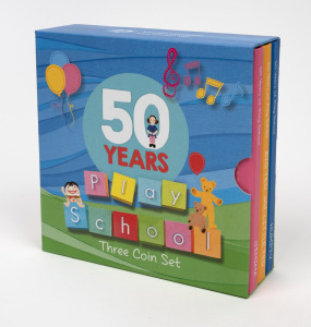 PLAY SCHOOL: 2016 RAM coloured frosted uncirculated three-coin set, comprising Big Ted and Little Ted, Humpty, and Jemima.