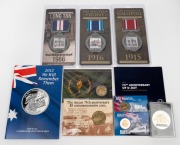 Remainder lot of ten ANZAC commemorative items, including RAM 1990 Anzac 75th Anniversary carded $5, RAM 2002 Battle of Sunda Strait HMAS Perth/USS Houston carded $5, 2007 Sands of Gallipoli medallion, Perth Mint 2022 Anzac Day carded $1, three Vietnam st