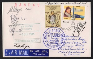 Aerophilately & Flight Covers: 3 December 1983 (AAMC.1970aa) Australia - New Zealand flown cover, signed by the QANTAS crew to commemorate the 50th Anniversary of the "Faith in Australia" flight. Also signed by G.U. Allen, who had been on the original fli