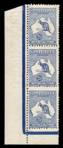 Kangaroos - Third Watermark: 2&frac12;d Indigo, vertical corner strip (3) from left pane, with varieties "Retouch to first A of AUSTRALIA and heavy coastline to W.A." [2L43] and "Very heavy coastline to W.A." [2L55], stamps MUH, lightly mounted in gutter.