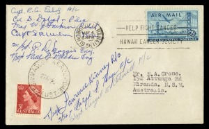 Aerophilately & Flight Covers: 27 April - 4 May 1956 (AAMC.1358a) Australia - Honolulu flown cover, carried aboard the RAAF Dakota which carried General J.H. Doolittle on his Australian Tour during the "Coral Sea" Celebrations; one of three covers created